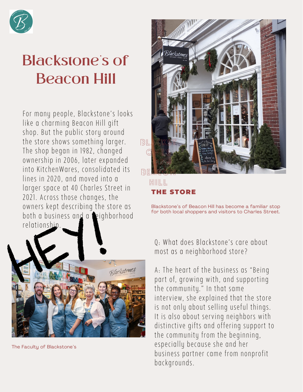 Page one of the Blackstone’s of Beacon Hill profile, with storefront and staff photographs