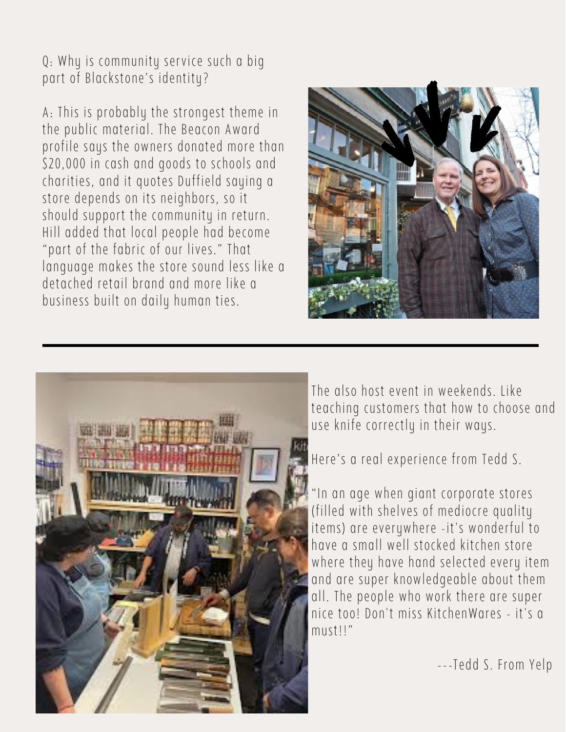 Page four of the profile, showing community service and store events